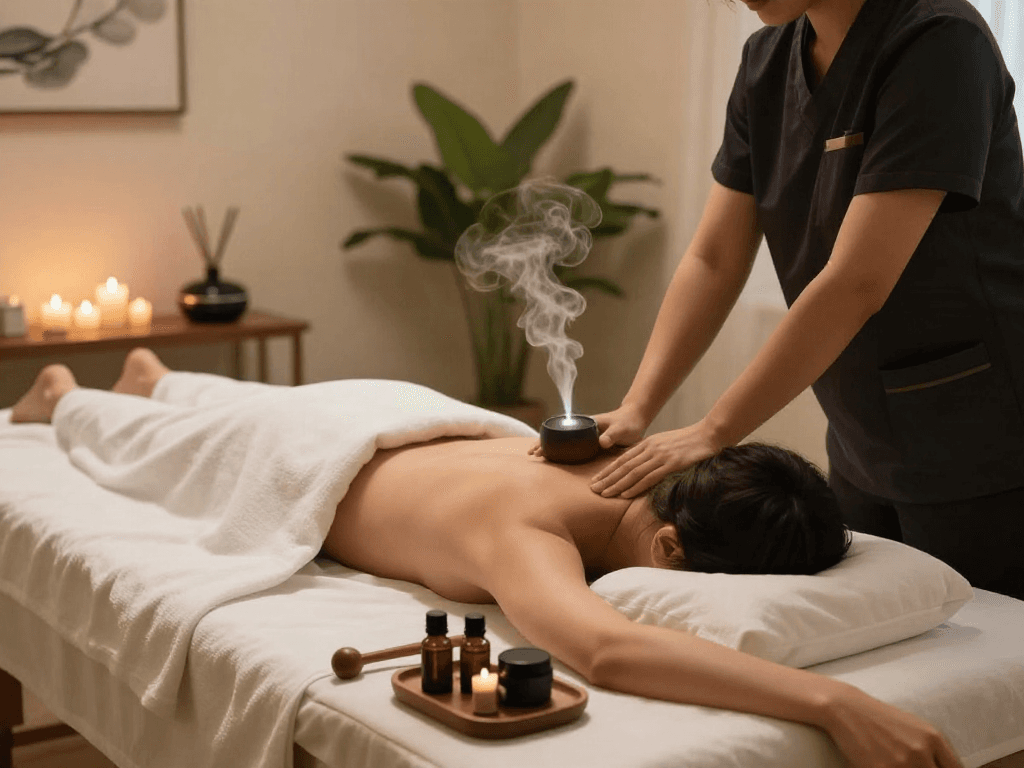 Experience a soothing 양천구출장마사지 in a tranquil setting with essential oils and soft lighting.