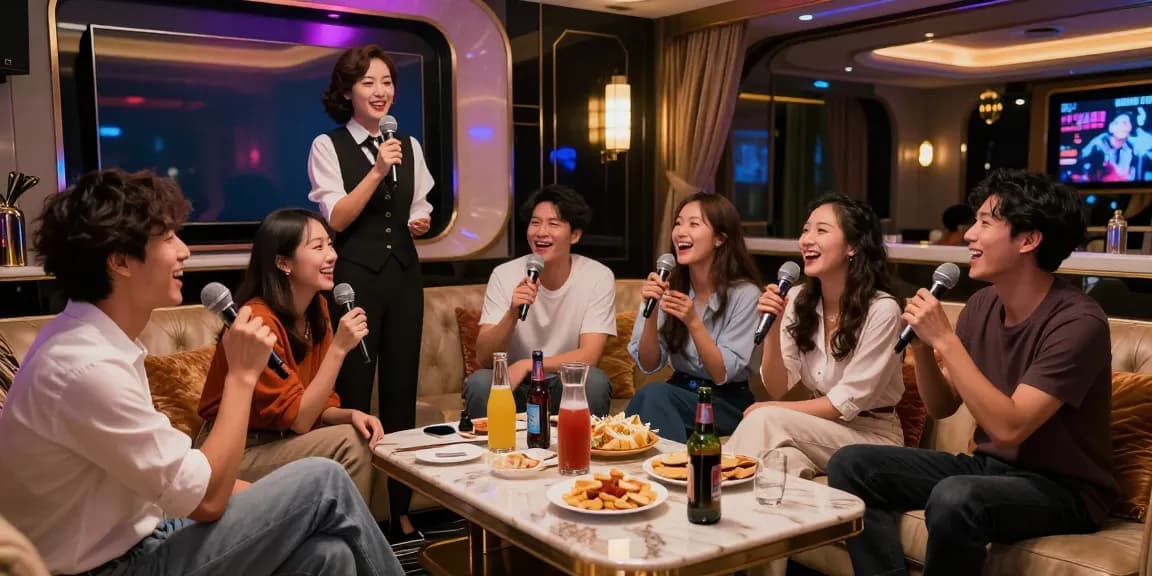 강남쩜오에서 즐거운 분위기 속 프리미엄 노래방에서 친구들과 함께하는 장면