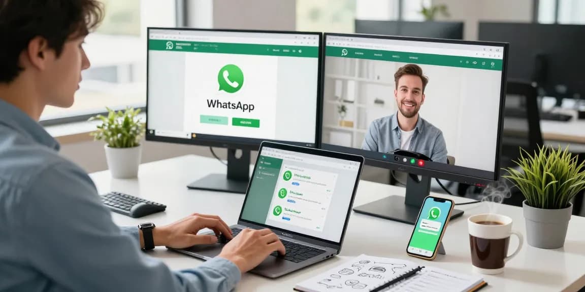 Using WhatsApp網頁版 on a laptop in a modern office workspace
