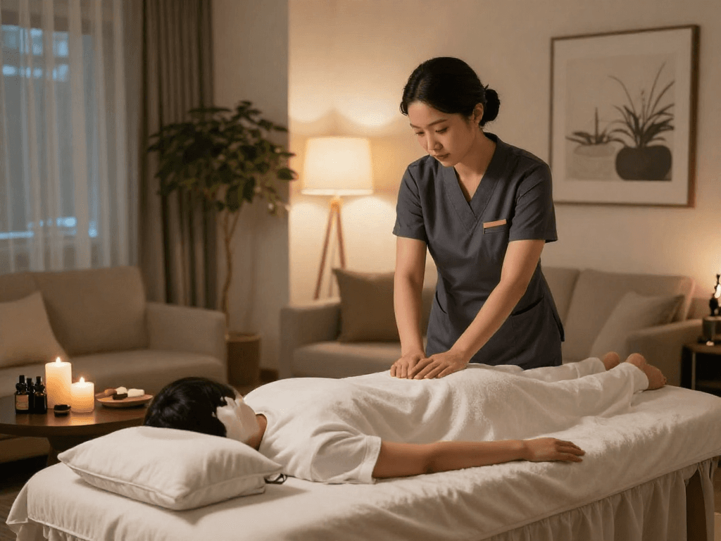 서울출장마사지 service in a tranquil home setting with professional therapist and elegant decor.