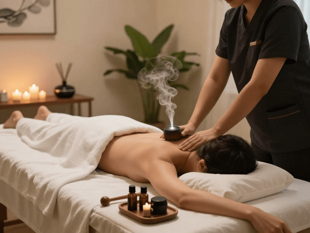 Experience a soothing 양천구출장마사지 in a tranquil setting with essential oils and soft lighting.
