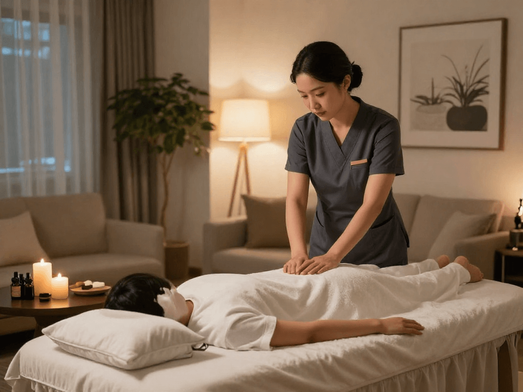 서울출장마사지 service in a tranquil home setting with professional therapist and elegant decor.