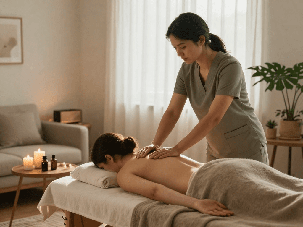 Relaxing 부평출장안마 home massage service with professional masseuse in cozy setting.