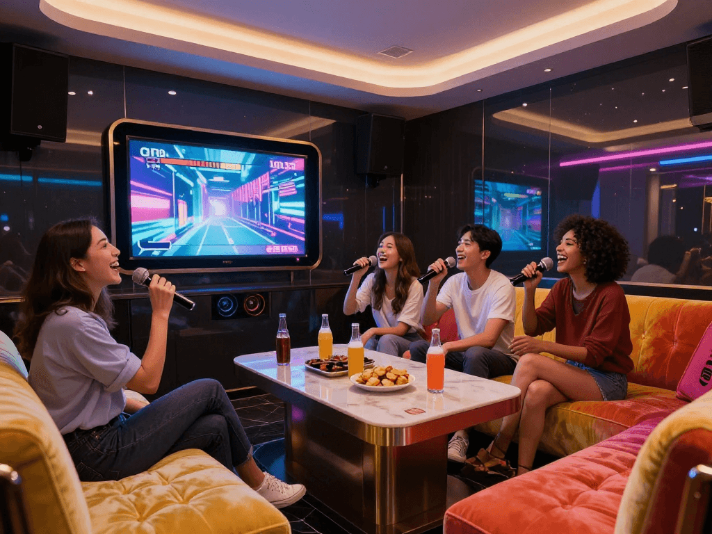 강남 가라오케 gangnam-karaoke.kr에서 즐거운 친구들과 노래하는 모습