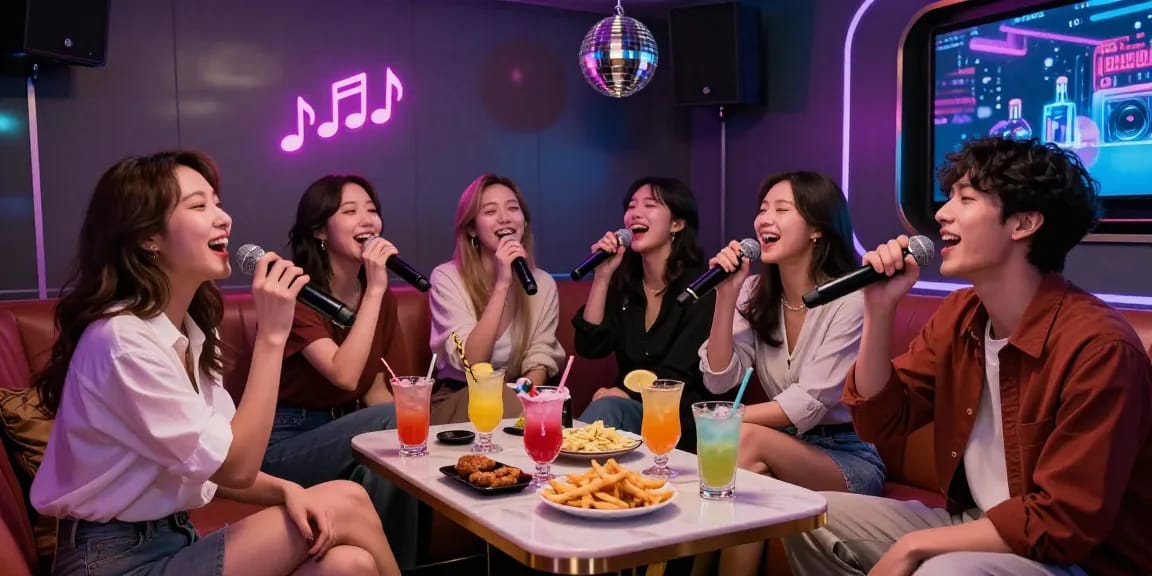 강남가라오케에서 친구들과 함께 노래 부르고 있는 생동감 넘치는 밤의 장면