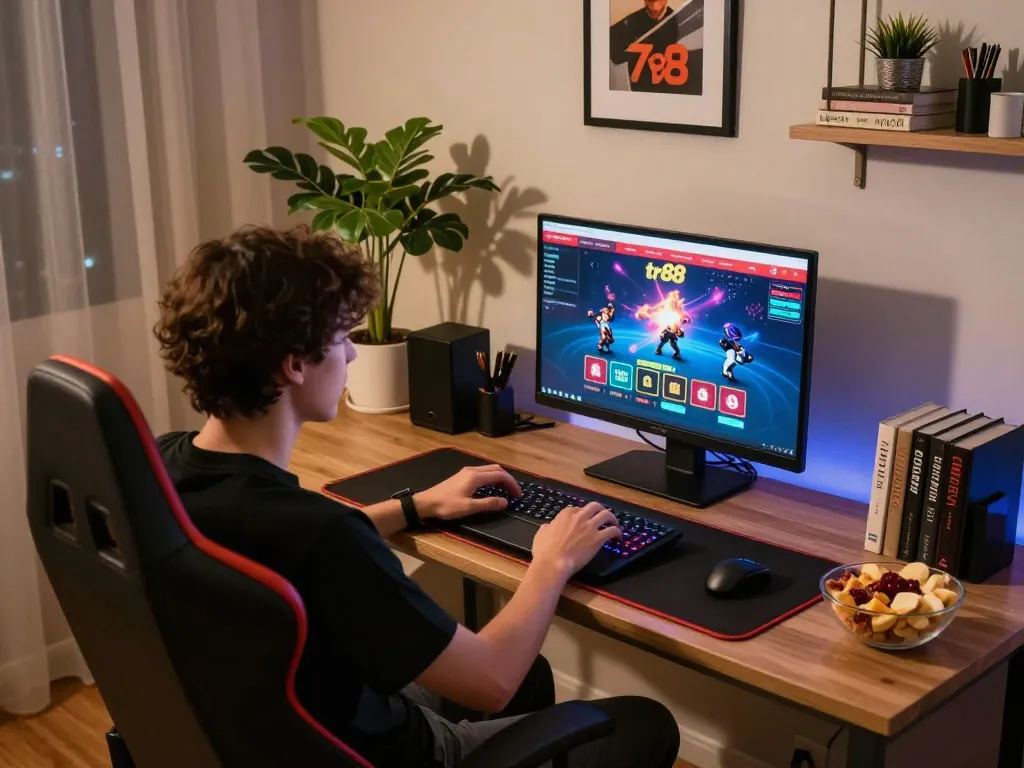 Engaged player placing bets on tr88 casino during an online gaming session at home.