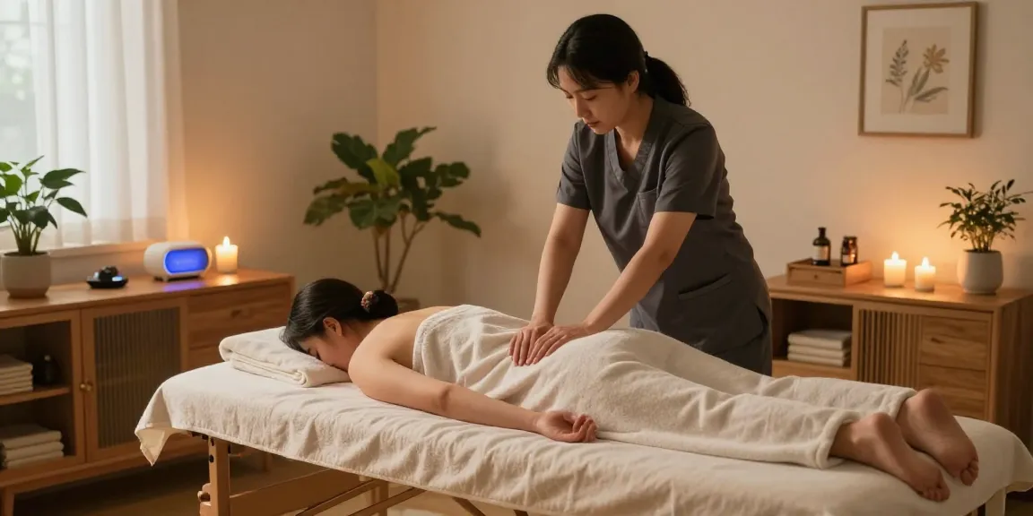 Luxurious 양천구출장마사지 session in a serene home environment, featuring a therapist and peaceful ambiance.