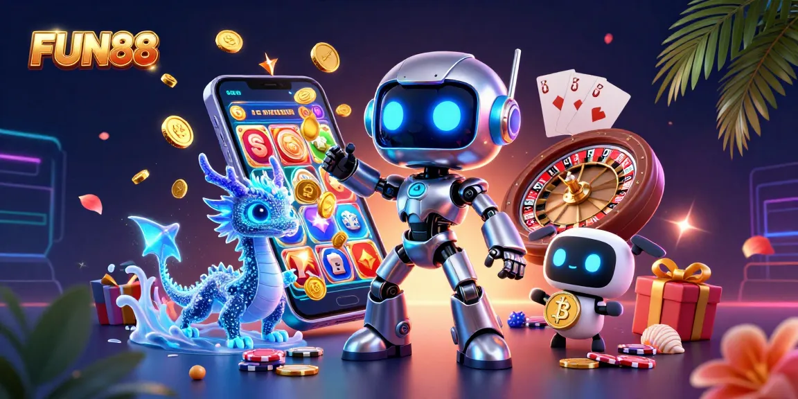Experience dynamic gaming at FUN88 with a vibrant 3D casino illustration featuring engaging characters and slot elements.