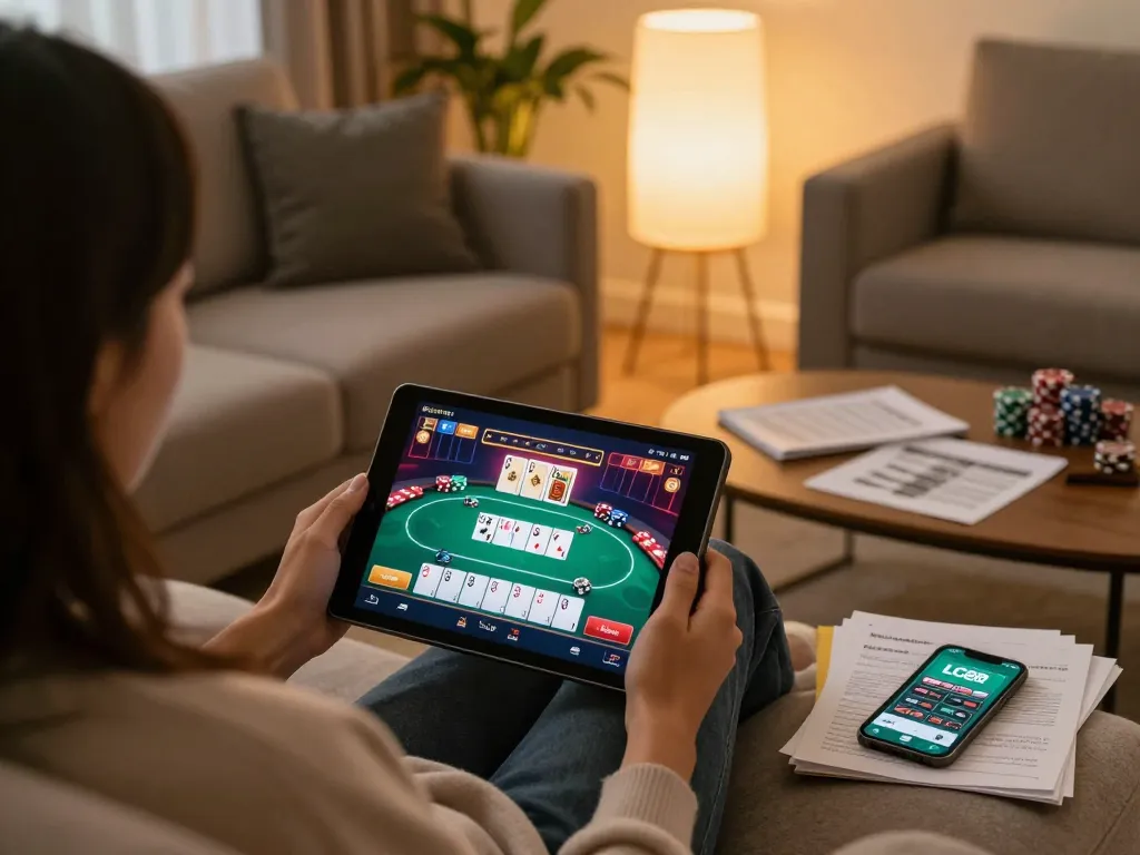 Experience the excitement of LC88 life while playing online casino poker from home on a tablet.