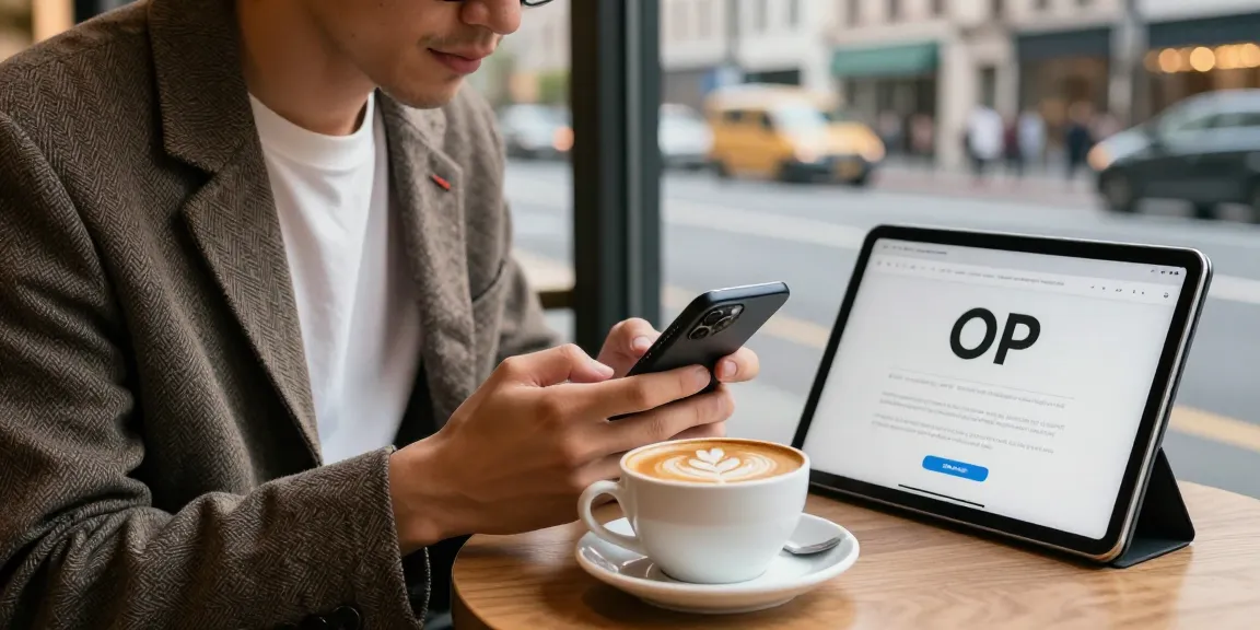 Engaging urban lifestyle moment at an 오피사이트 café, showcasing modern technology and fashion.
