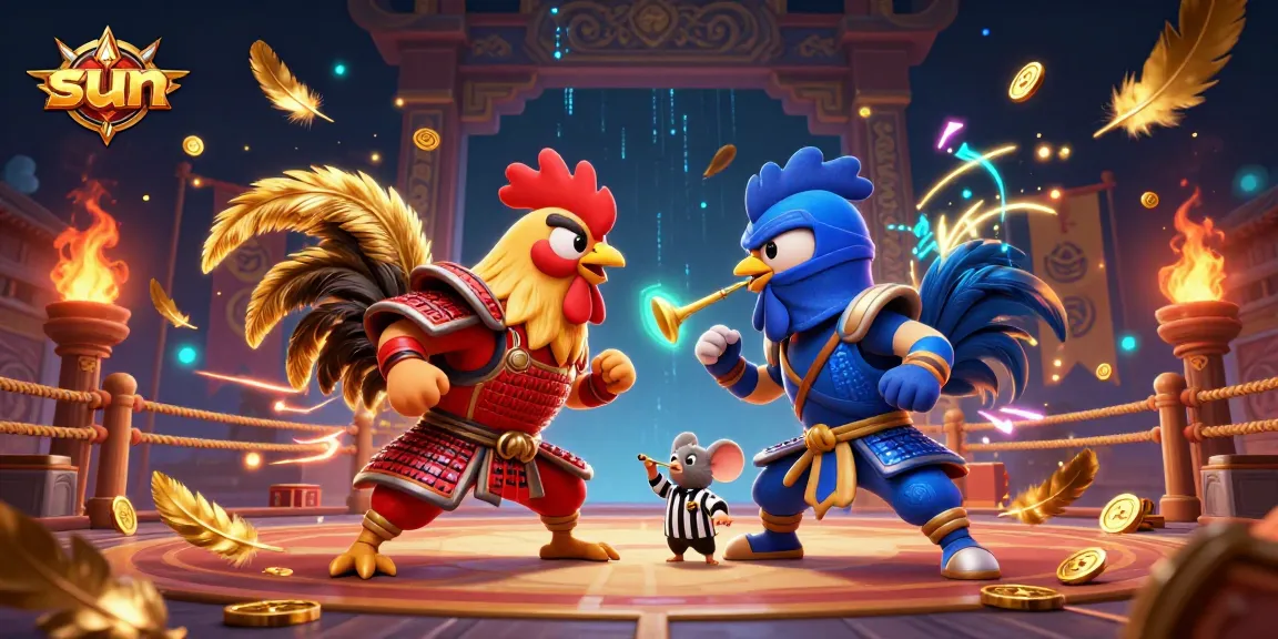 Experience the sun-themed action with roosters in an intense gambling standoff surrounded by golden feathers.