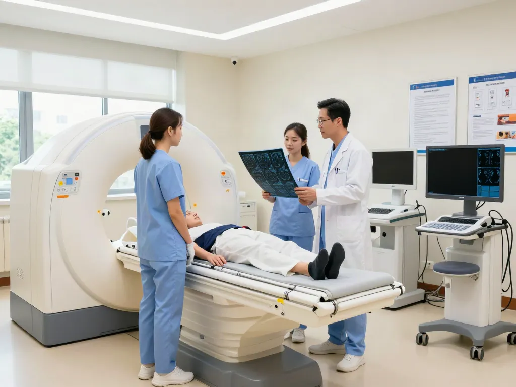 Healthcare professionals at https://radiologyexplained.com discussing CT Scan and MRI procedures in a modern radiology center.