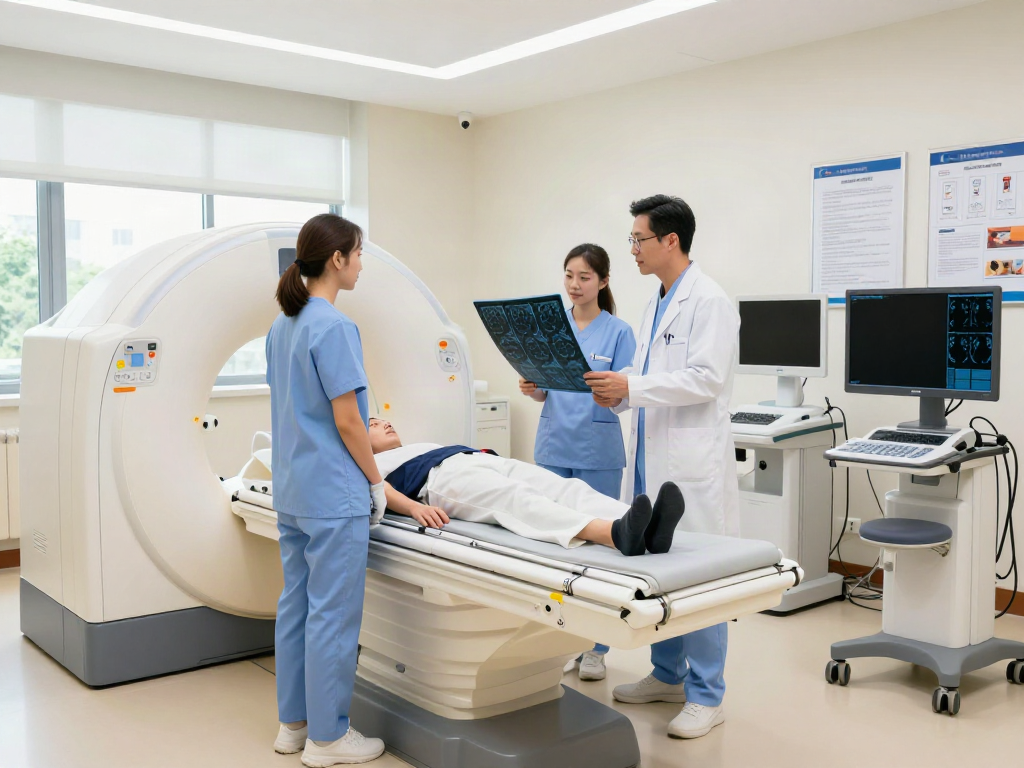 Healthcare professionals at https://radiologyexplained.com discussing CT Scan and MRI procedures in a modern radiology center.