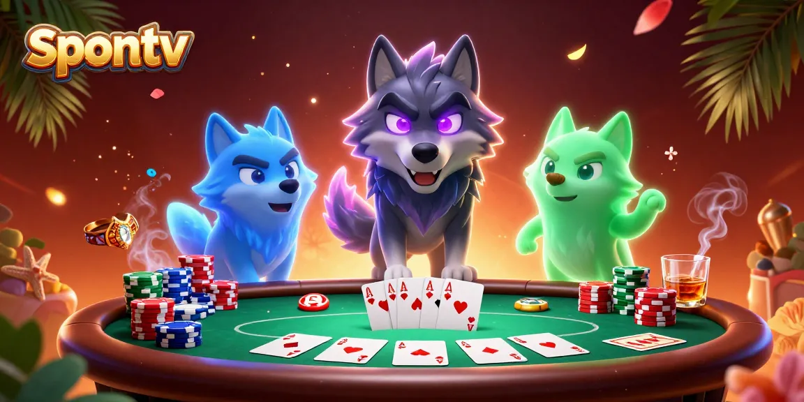 Engage with spontv's thrilling poker showdown featuring spectral wolves and vibrant casino elements.