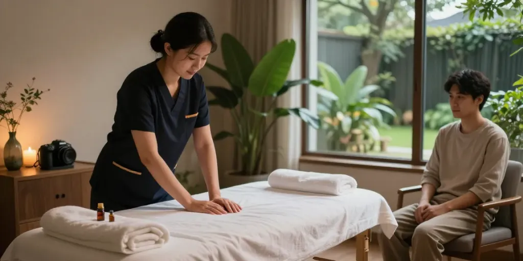 의정부출장안마 - A relaxed client in home spa setting with tranquil lighting and plants.