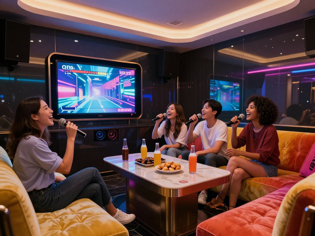 강남 가라오케 gangnam-karaoke.kr에서 즐거운 친구들과 노래하는 모습