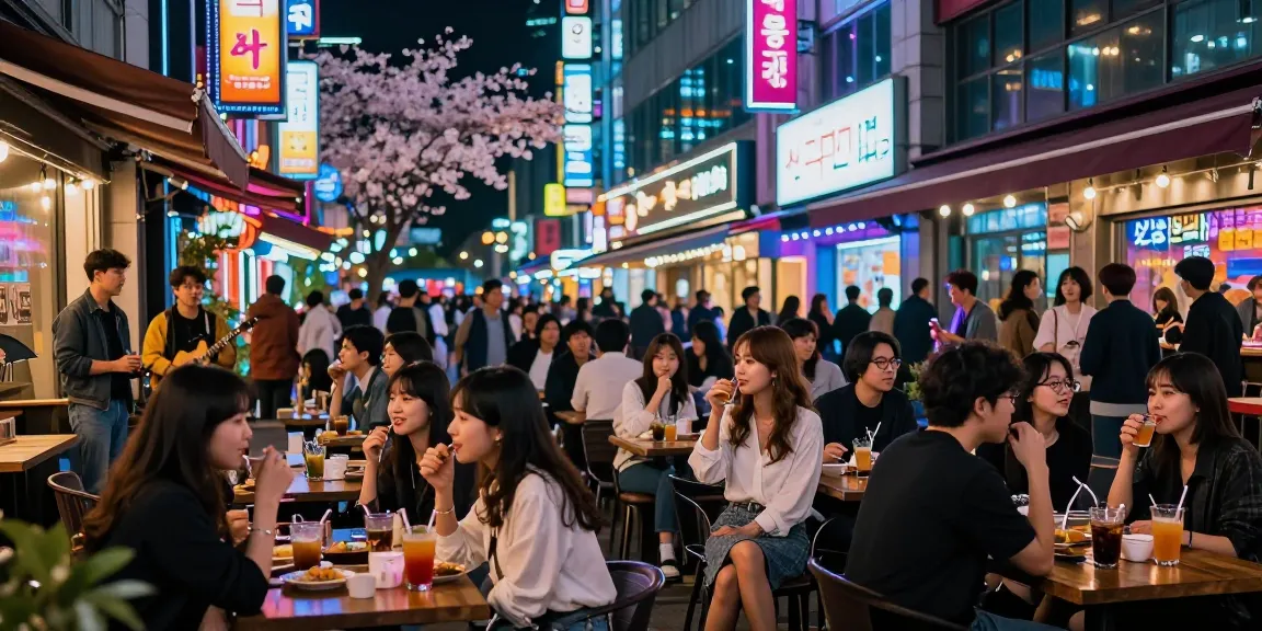 강남 세이렌의 화려한 야경 속에서 친구들과 즐거운 시간을 보내는 모습