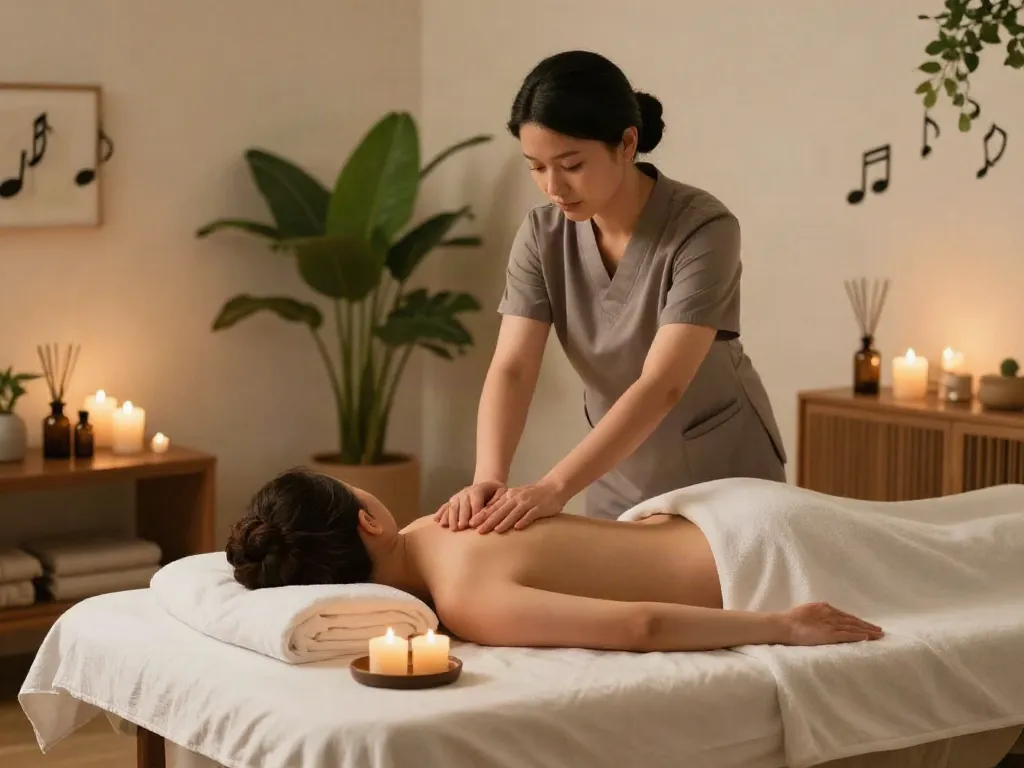 Enjoying a calming 수원후불출장 massage in a tranquil wellness space.