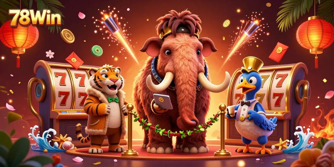 Immerse in 78Win's vibrant casino scene with animated characters, vibrant slot games, and festive decorations.
