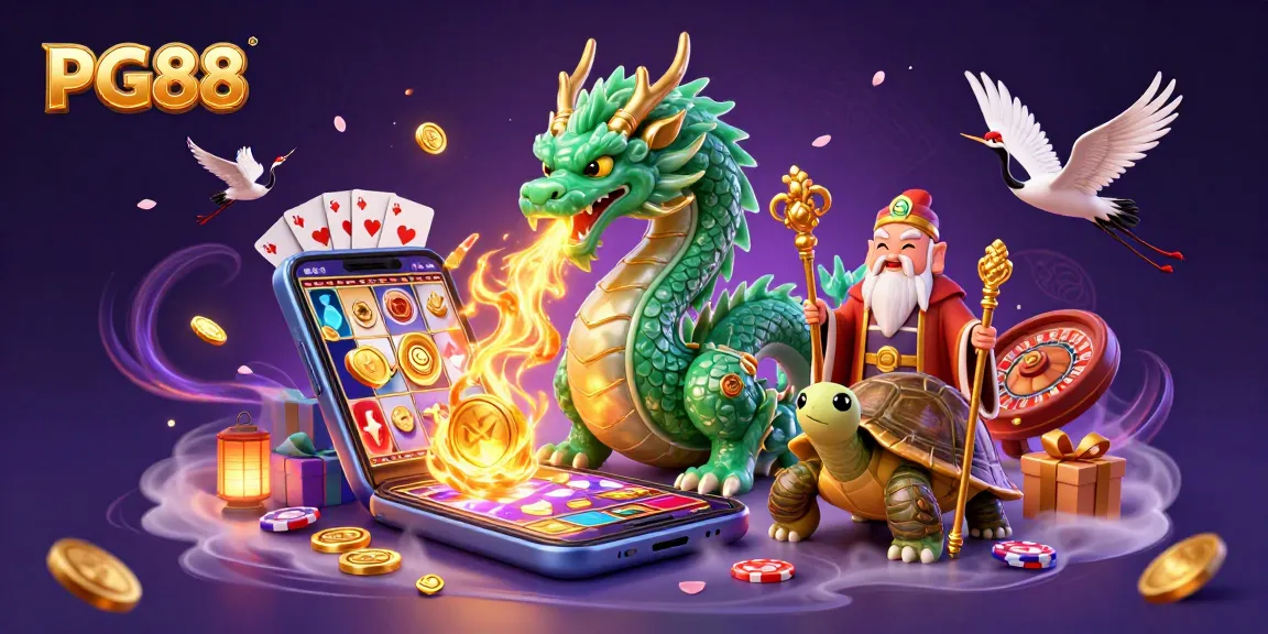 Experience PG88's thrilling gaming ambiance with a dynamic illustration showcasing casino symbols and magical creatures.