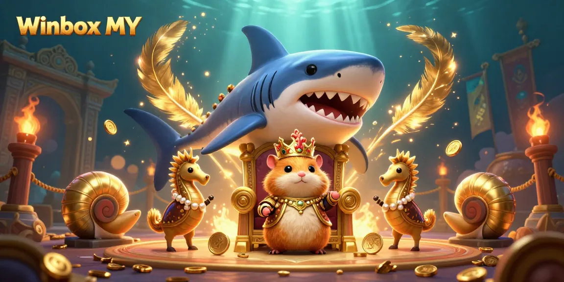 Winbox MY features a dynamic scene with a golden hamster king and royal elements in an underwater casino.