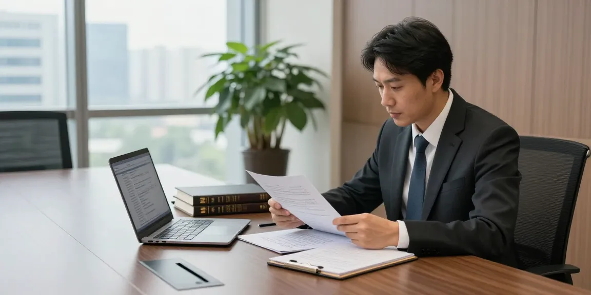 see this professional lawyer reviewing case files in a modern office