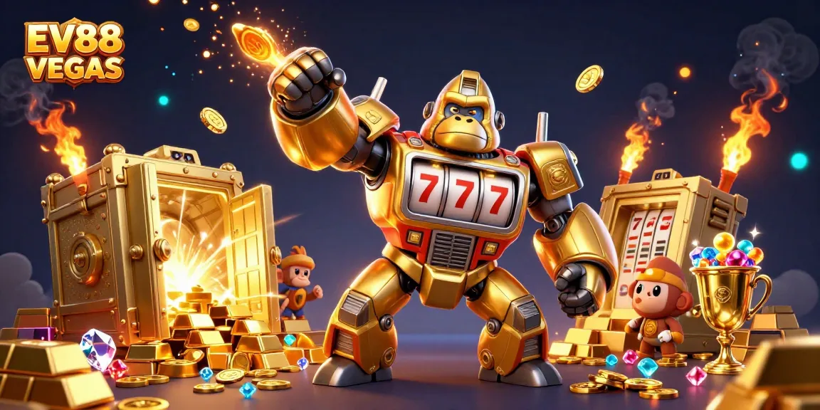 Experience thrilling action at EV88 VEGAS with a dynamic illustration of a golden gorilla mech amid treasure & gaming excitement.