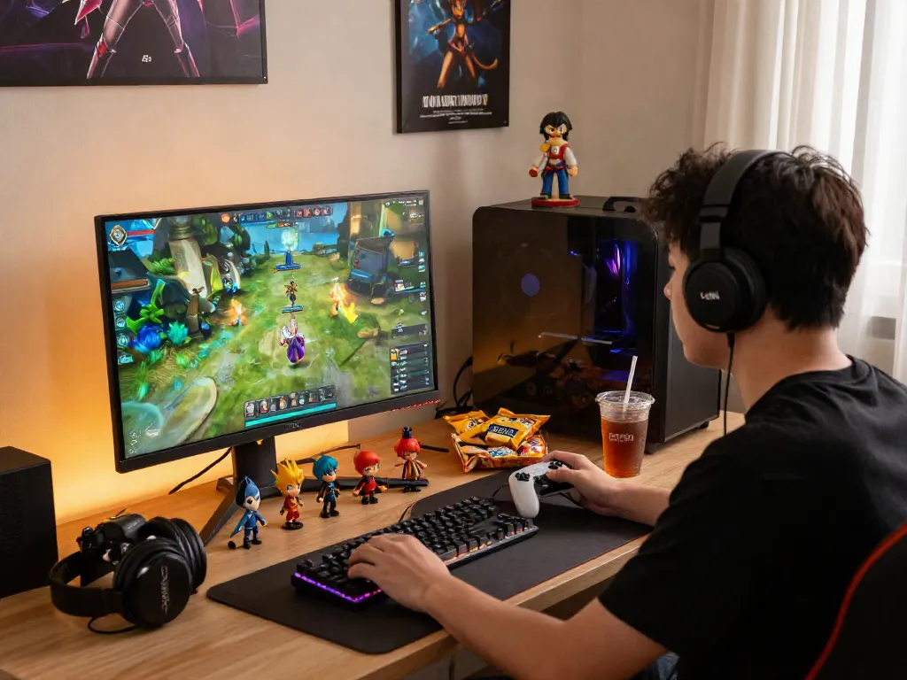 Player enjoying ROKOK88 gaming experience with vibrant graphics and snacks