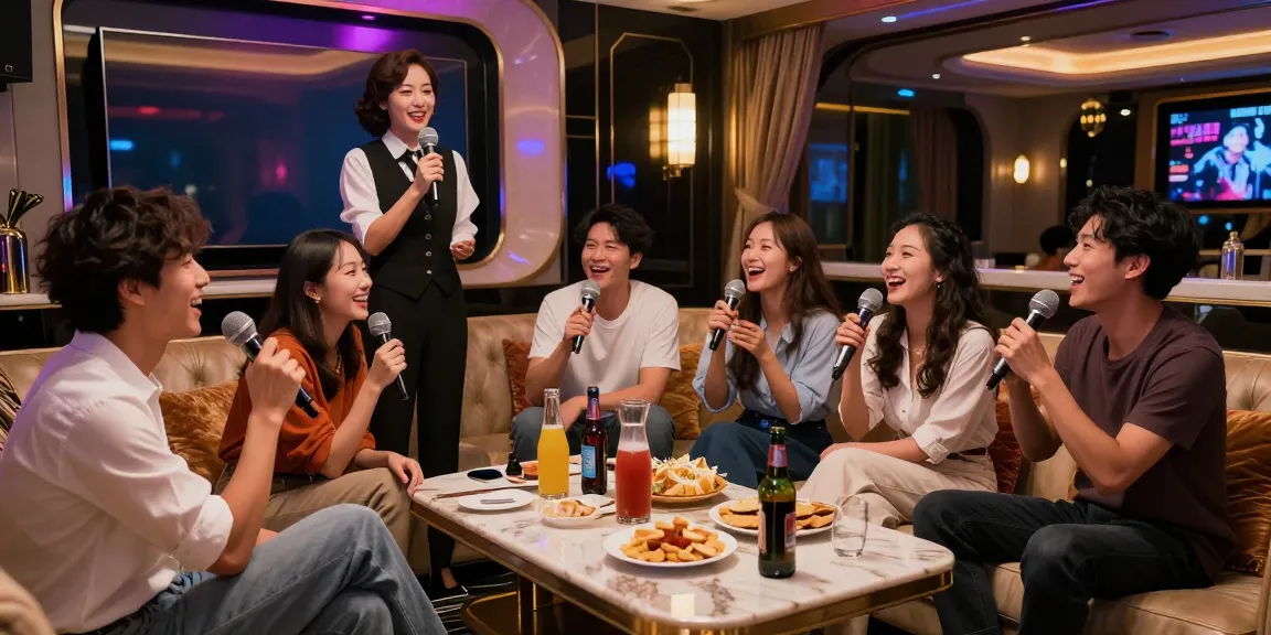 강남쩜오에서 즐거운 분위기 속 프리미엄 노래방에서 친구들과 함께하는 장면