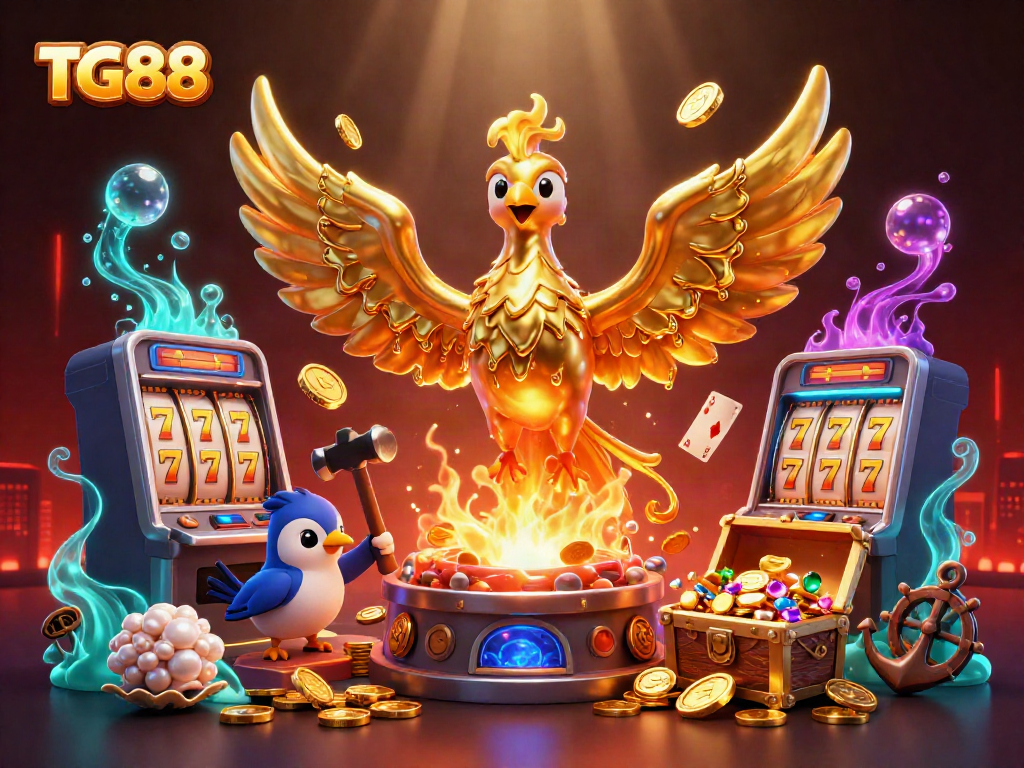 Experience the excitement of TG88 with a golden phoenix rising from a forge amidst a vibrant casino scene.