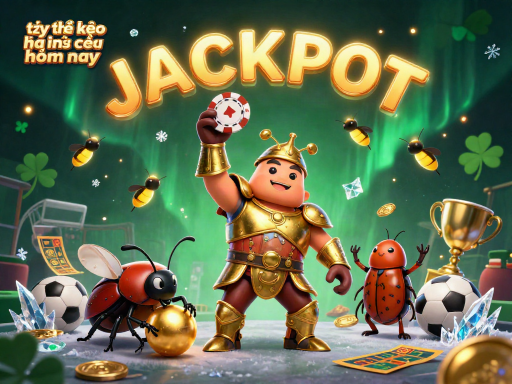 Tỷ lệ kèo nhà cái hôm nay showcased by a victorious beetle lifting a poker chip in a dynamic betting scene.