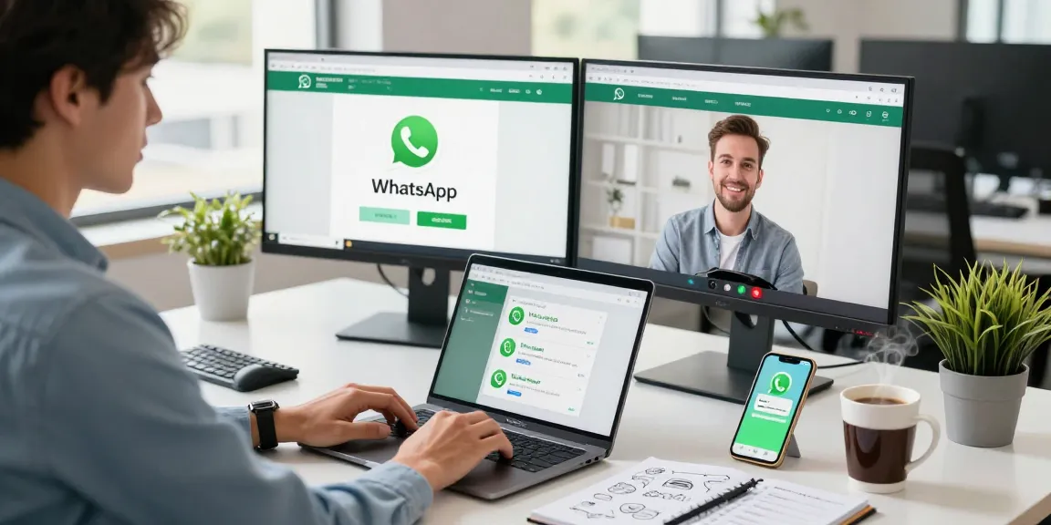 Using WhatsApp網頁版 on a laptop in a modern office workspace