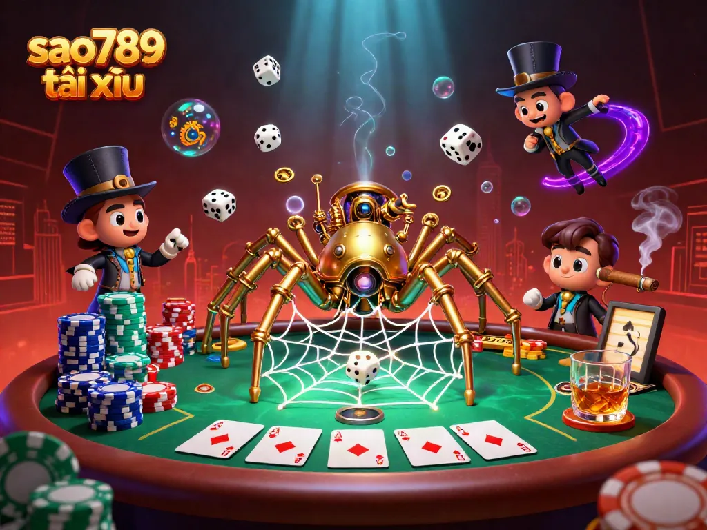 Engaging illustration of the sao789 tài xỉu game featuring a colorful steampunk spider and poker elements.