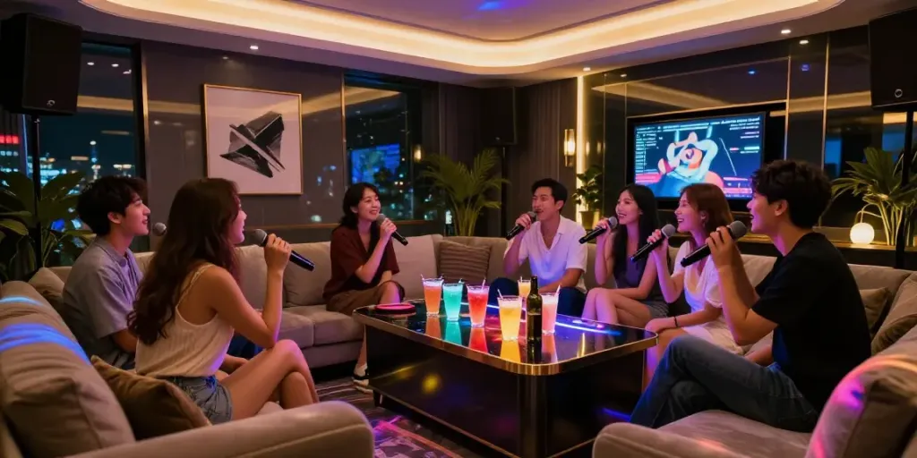 강남달토의 고급스러운 노래방 내부와 친구들이 즐거운 시간을 보내는 모습