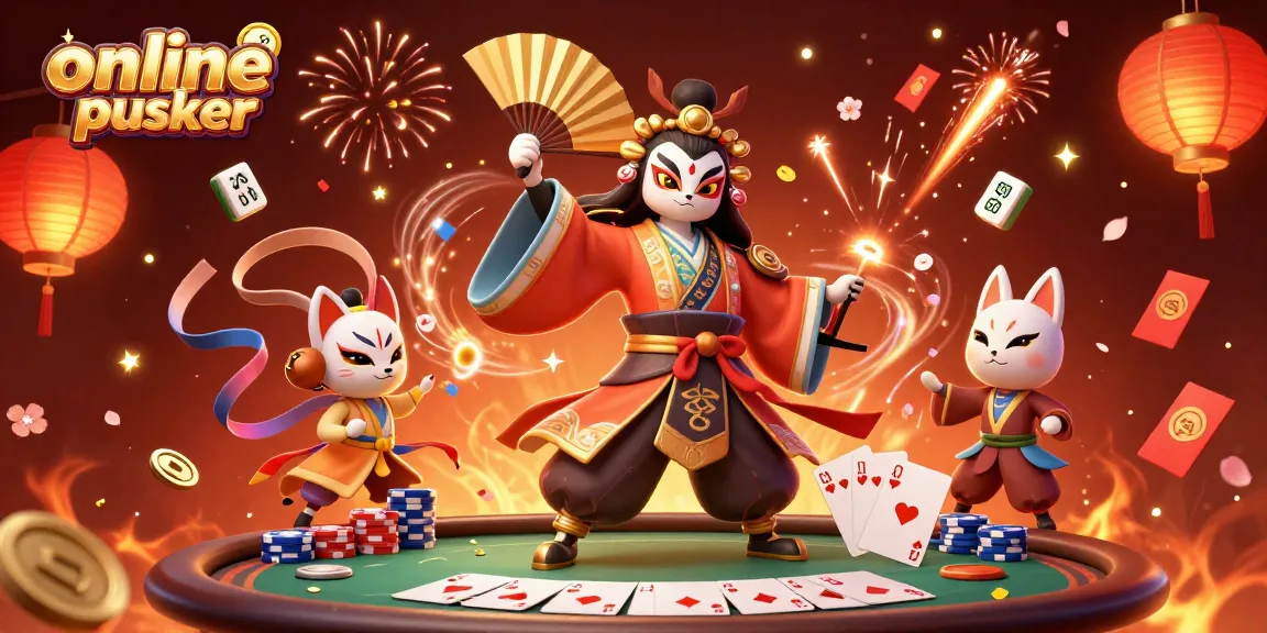 Engage with online poker Australia in a vibrant 3D scene showcasing dynamic poker elements and traditional characters.