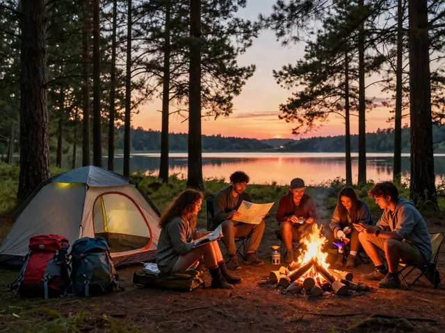 Group setting up a campsite, showcasing rokok88 login adventure gear in use amidst nature.