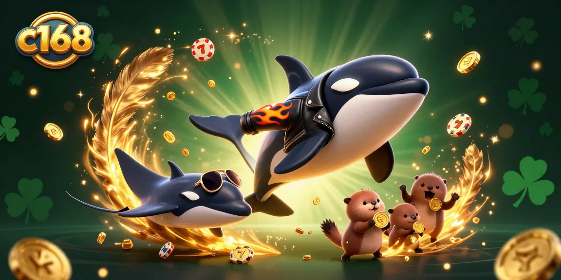 Experience thrilling wins at c168 with a 3D scene featuring an orca, stingray, and sea otters amidst slot game symbols.