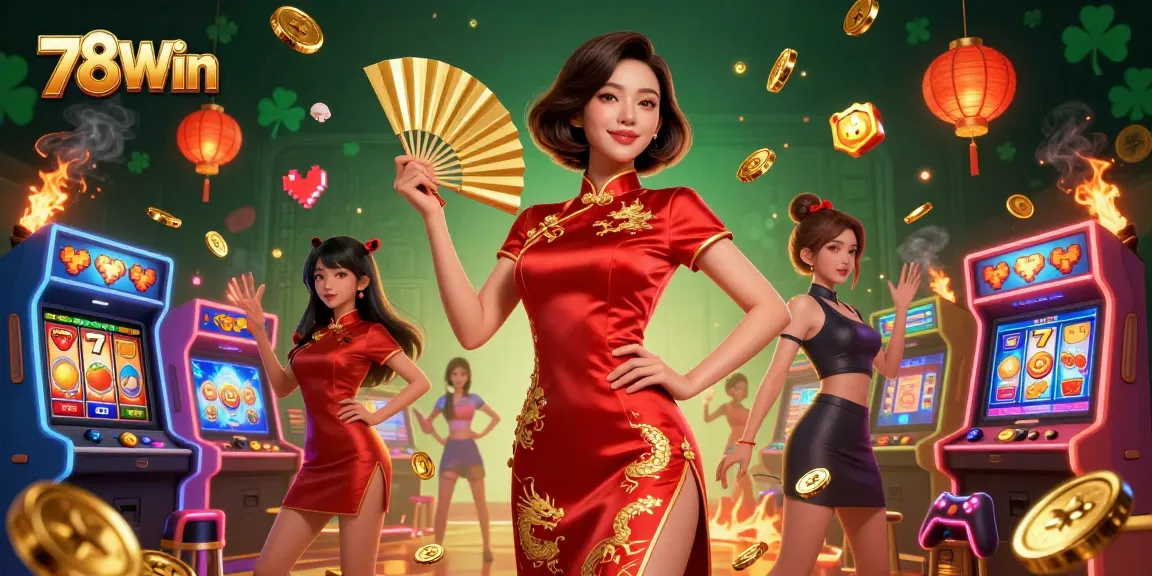 Engage in thrilling gameplay at 78Win with a beautiful dealer amidst colorful slot machines.