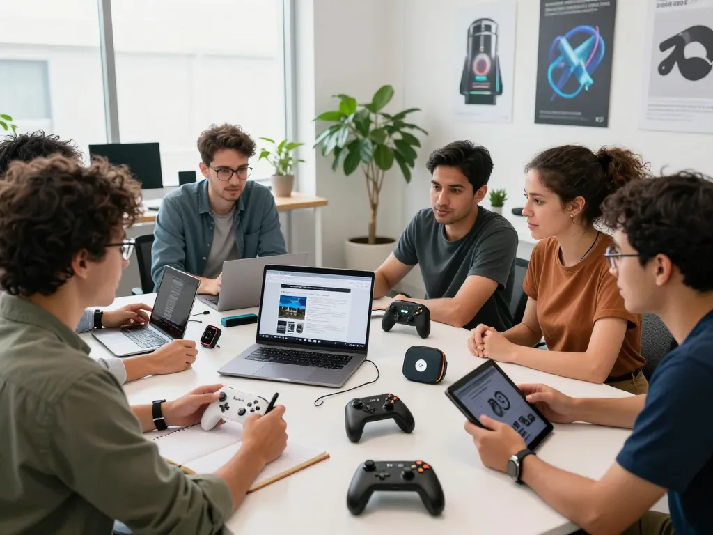 Engaged tech enthusiasts discussing unique tech gadgets in a modern workspace.