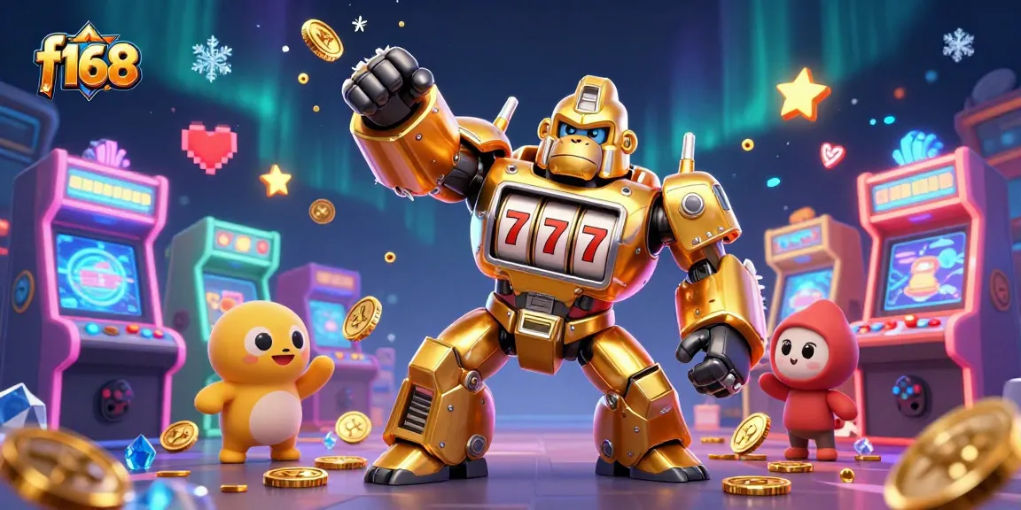 Experience thrilling winnings at f168 with dynamic gambling visuals featuring a mech gorilla and arcade elements.