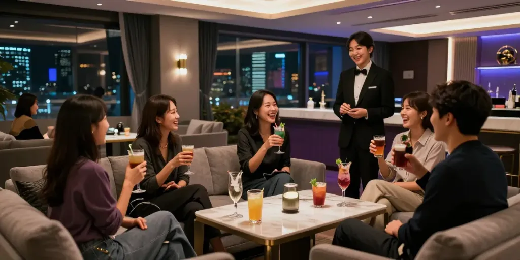 강남구구단 쩜오의 고급스러운 독립 룸에서 친구들이 즐겁게 대화하는 모습