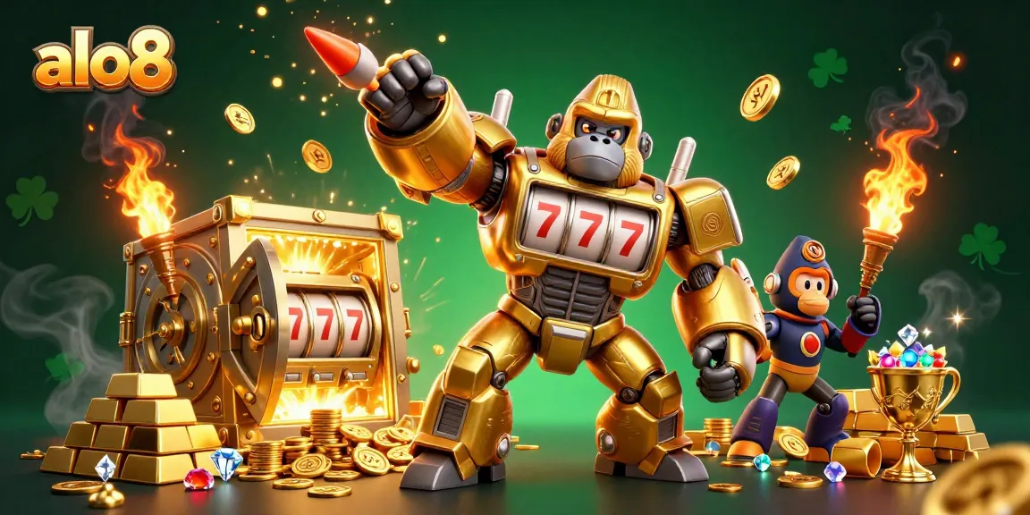Experience the thrilling excitement of alo8 with a dynamic 3D illustration showcasing a golden gorilla mech surrounded by treasure and casino elements.