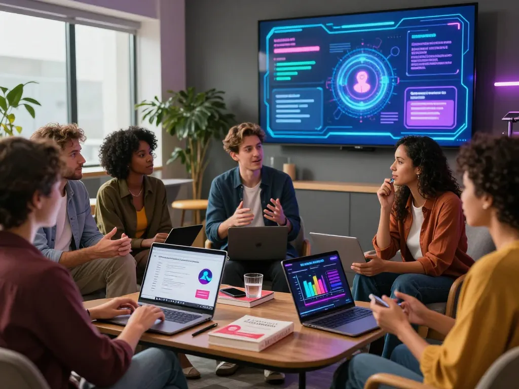 Group discussing AI sex innovations in a modern tech lounge, highlighting vibrant interactions and technology.