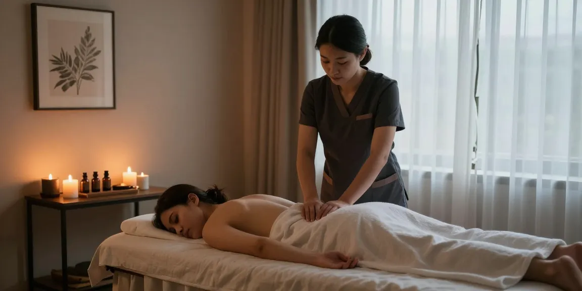 스웨디시 마사지가 진행되는 아늑한 치료실의 사진, 편안한 분위기와 촛불, 아로마 오일이 배치된 모습