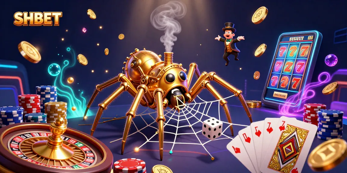 SHBET captivates players with a rich, dynamic casino scene featuring the steampunk spider catching dice.