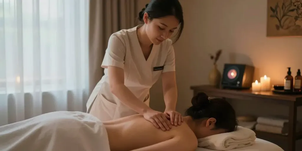 수원후불출장을 제공하는 전문 마사지 테라피스트가 아로마 테라피 마사지를 수행하는 편안한 스파 환경