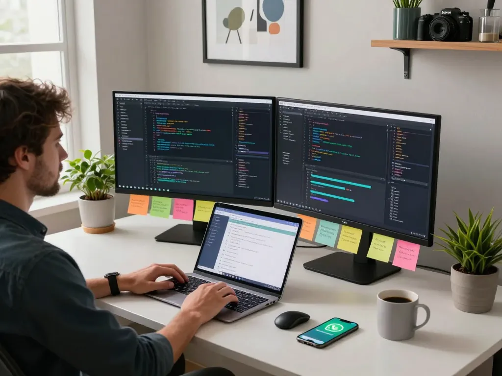 Professional developer using Clawdbot AI in a modern workspace, showcasing productivity tools and coding environment.