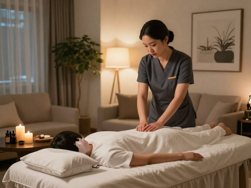 서울출장마사지 service in a tranquil home setting with professional therapist and elegant decor.