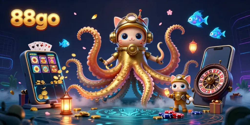 Engage with the vibrant 88go online casino scene featuring the kraken, diving cat, and games.