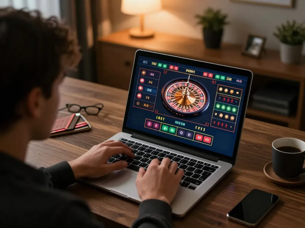 F168 players strategizing during an online casino game using a stylish home setup